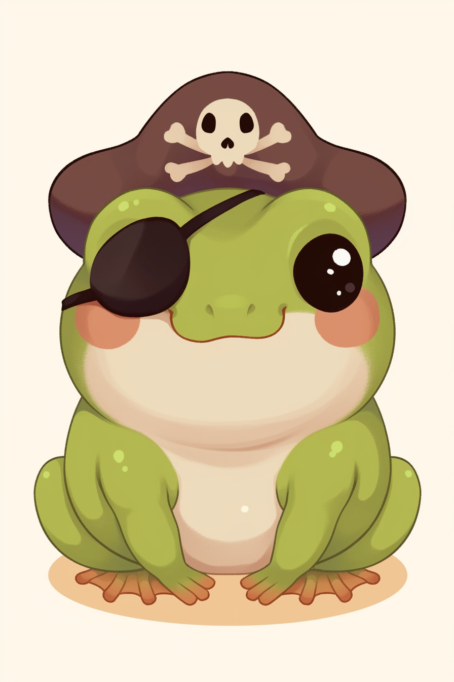 Halloween frog drawing ideas 2 featuring a cute frog wearing a pirate hat and eye patch, smiling adorably.